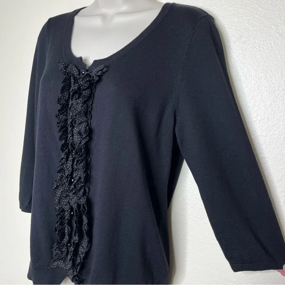 Talbots Silk Blend Button Front Polka Dot Ruffle Black Cardigan Womens Medium